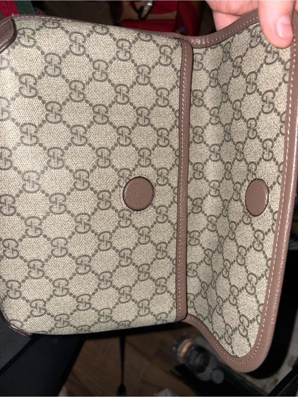 Gucci Beige Monogram Canvas Brown Leather Oval Logo Patch with Gold Lettering